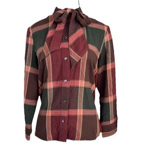 Madewell Women's Plaid Tie Neck Fall Blouse Long Sleeve Maroon Green Size XS